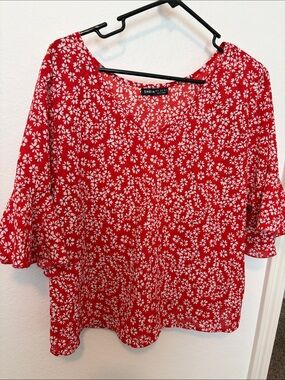 SHEIN Red & White Floral V-Neck Blouse